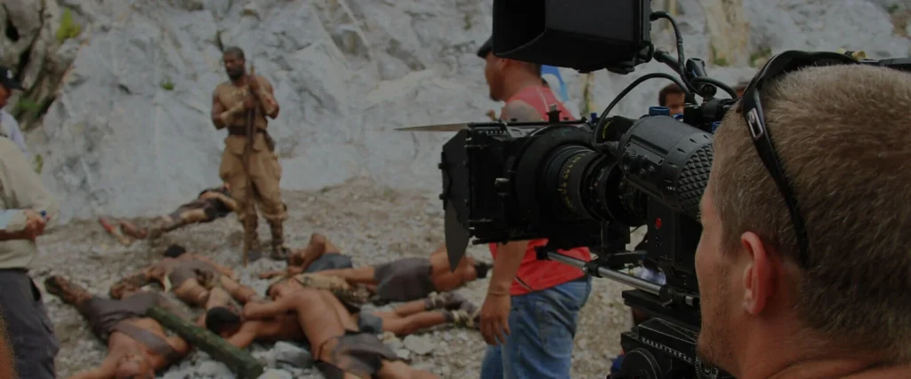 Film crew shooting a scene on location